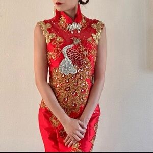 Elegant Chinese Red and Gold Embroidered Dress